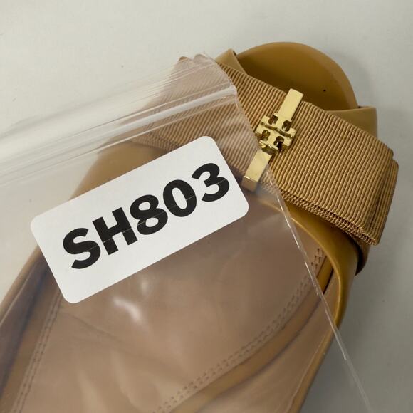 Tory Burch 9.5 Womens Trudy Open Toe Flat Shoe In Patent Tan Preppy *flaw - Picture 11 of 11
